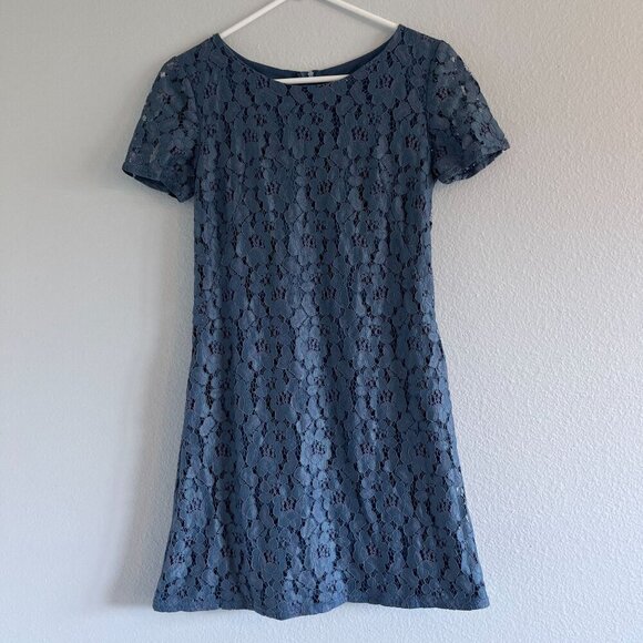 Jo Borkett Lace Short Sleeve Mini Dress Floral Design Fully Lined Blue Size 10 - Picture 2 of 9